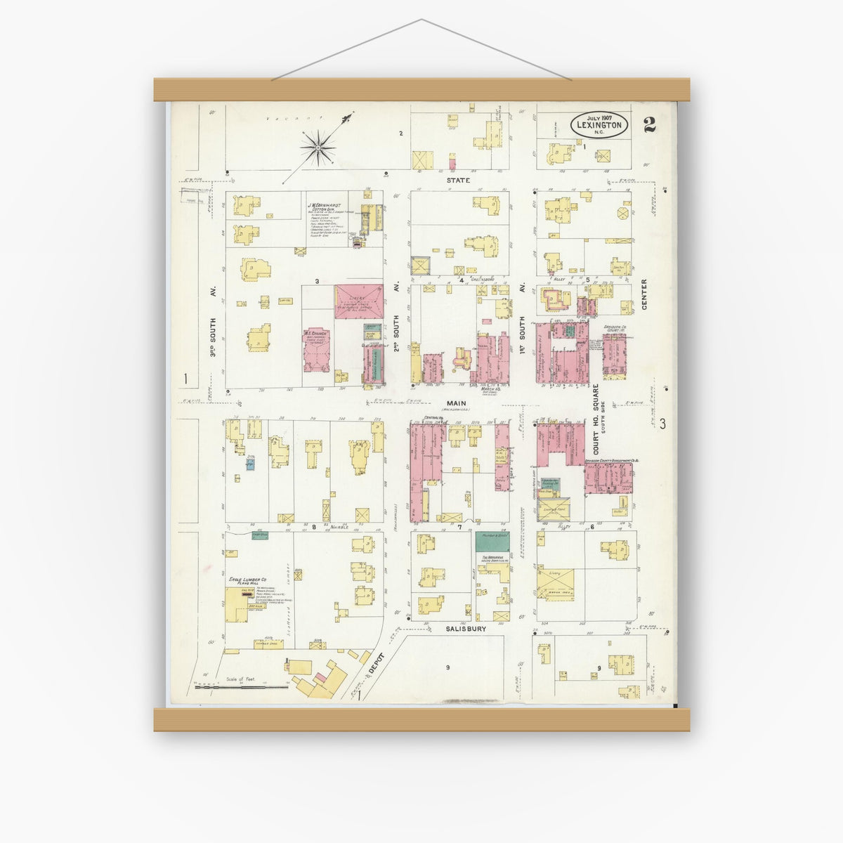 Old map wall art mockup — magnetic wood frame on white wall — Sanborn Fire Insurance Map from Lexington, Davidson County, North Carolina (1907), Sheet #0002