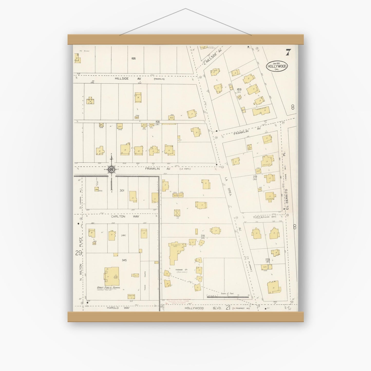 Old map wall art mockup — magnetic wood frame on white wall — Sanborn Fire Insurance Map from Hollywood, Los Angeles County, California (1913), Sheet #0007