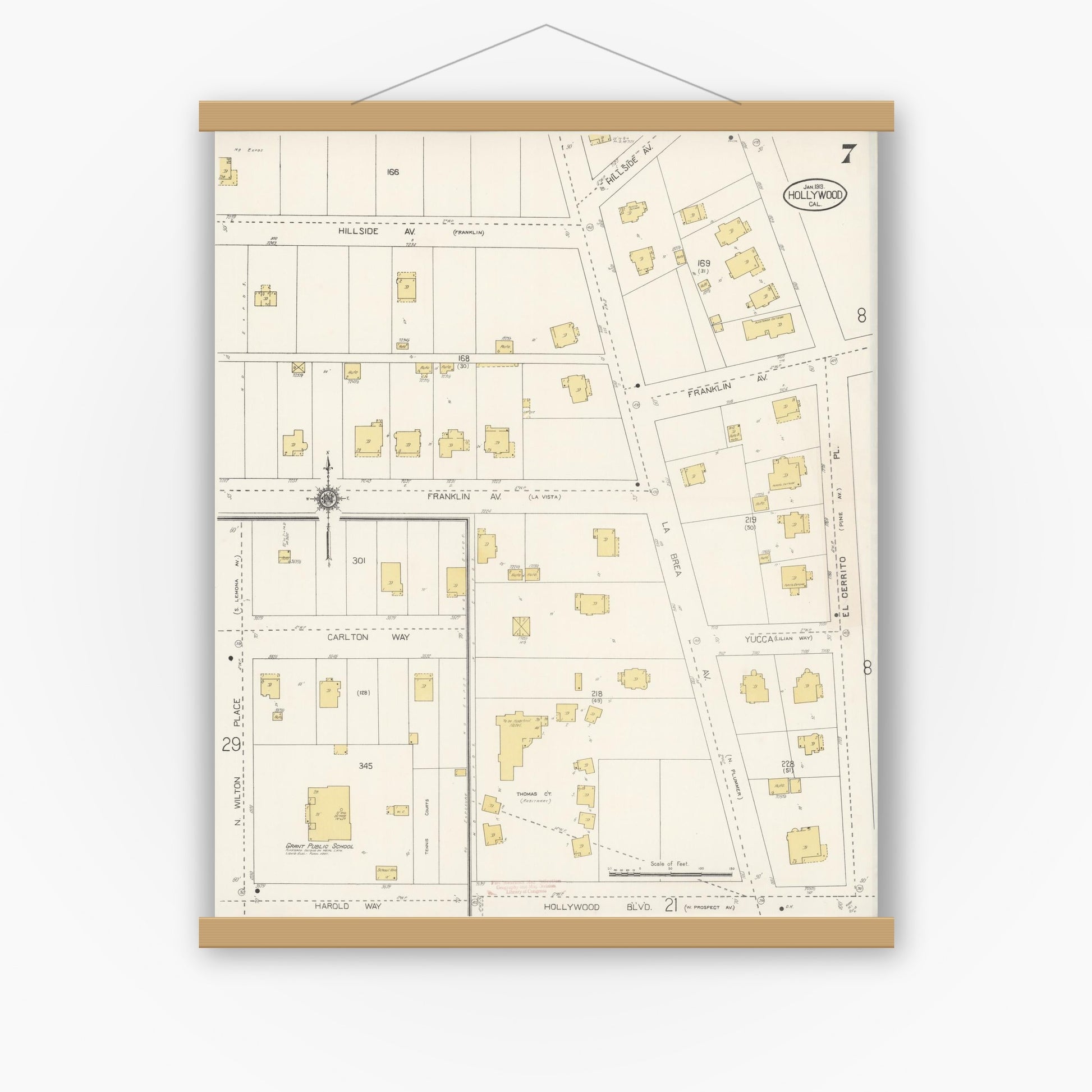 Old map wall art mockup — magnetic wood frame on white wall — Sanborn Fire Insurance Map from Hollywood, Los Angeles County, California (1913), Sheet #0007