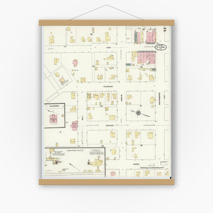 Old map wall art mockup — magnetic wood frame on white wall — Sanborn Fire Insurance Map from Elgin, Bastrop County, Texas (1910), Sheet #0002
