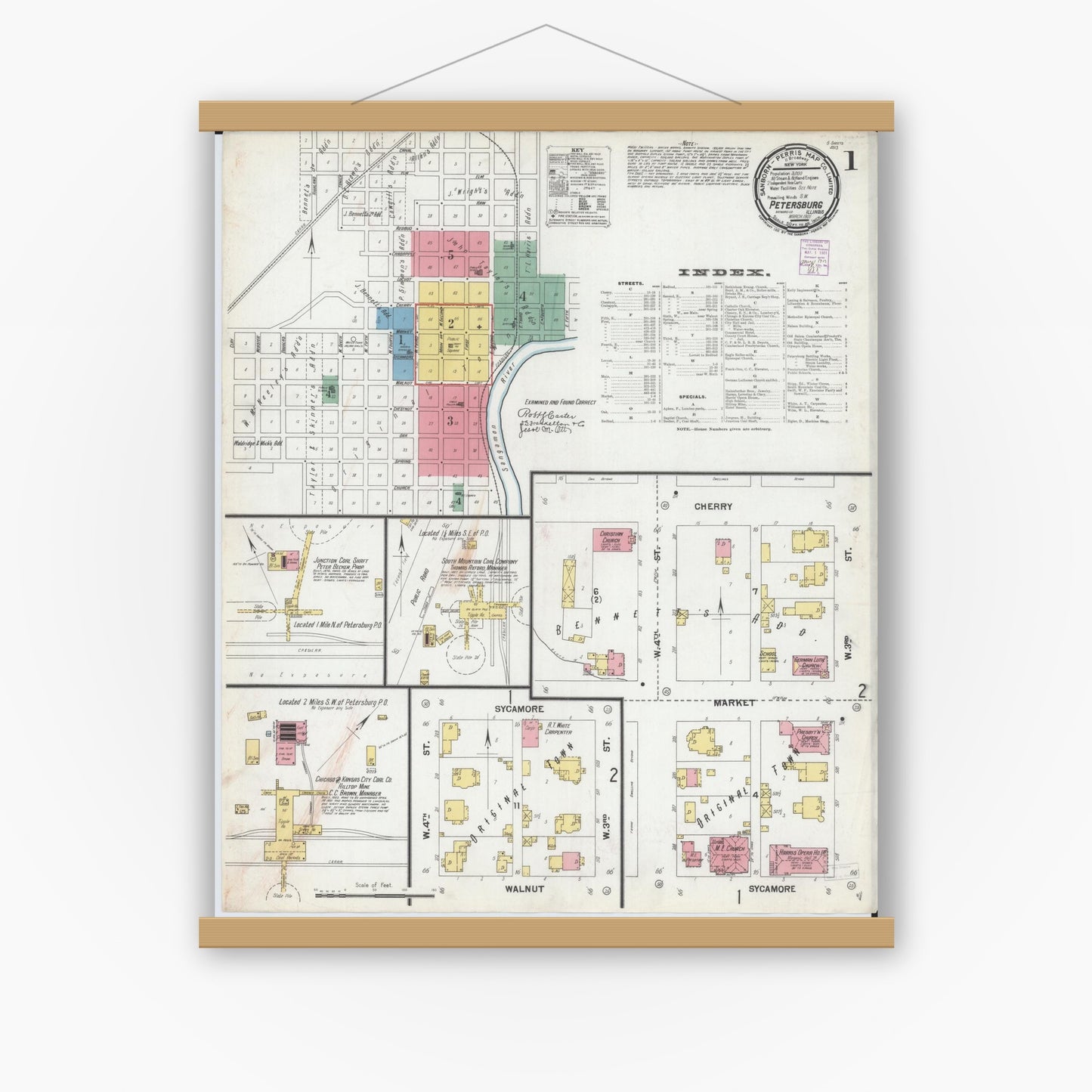 Old map wall art mockup — magnetic wood frame on white wall — Sanborn Fire Insurance Map from Petersburg, Menard County, Illinois (1901) - Complete Map Set