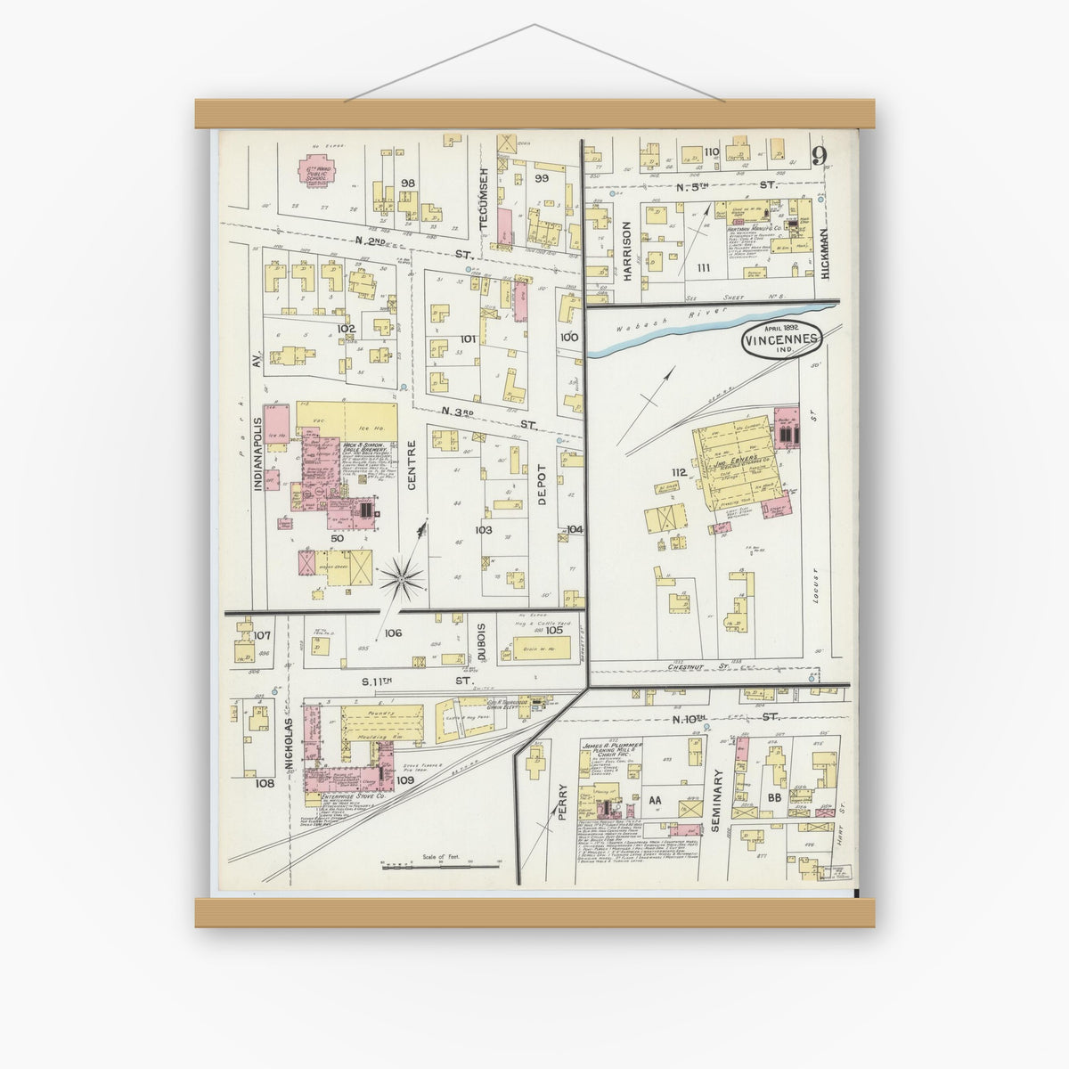 Old map wall art mockup — magnetic wood frame on white wall — Sanborn Fire Insurance Map from Vincennes, Knox County, Indiana (1892), Sheet #0009