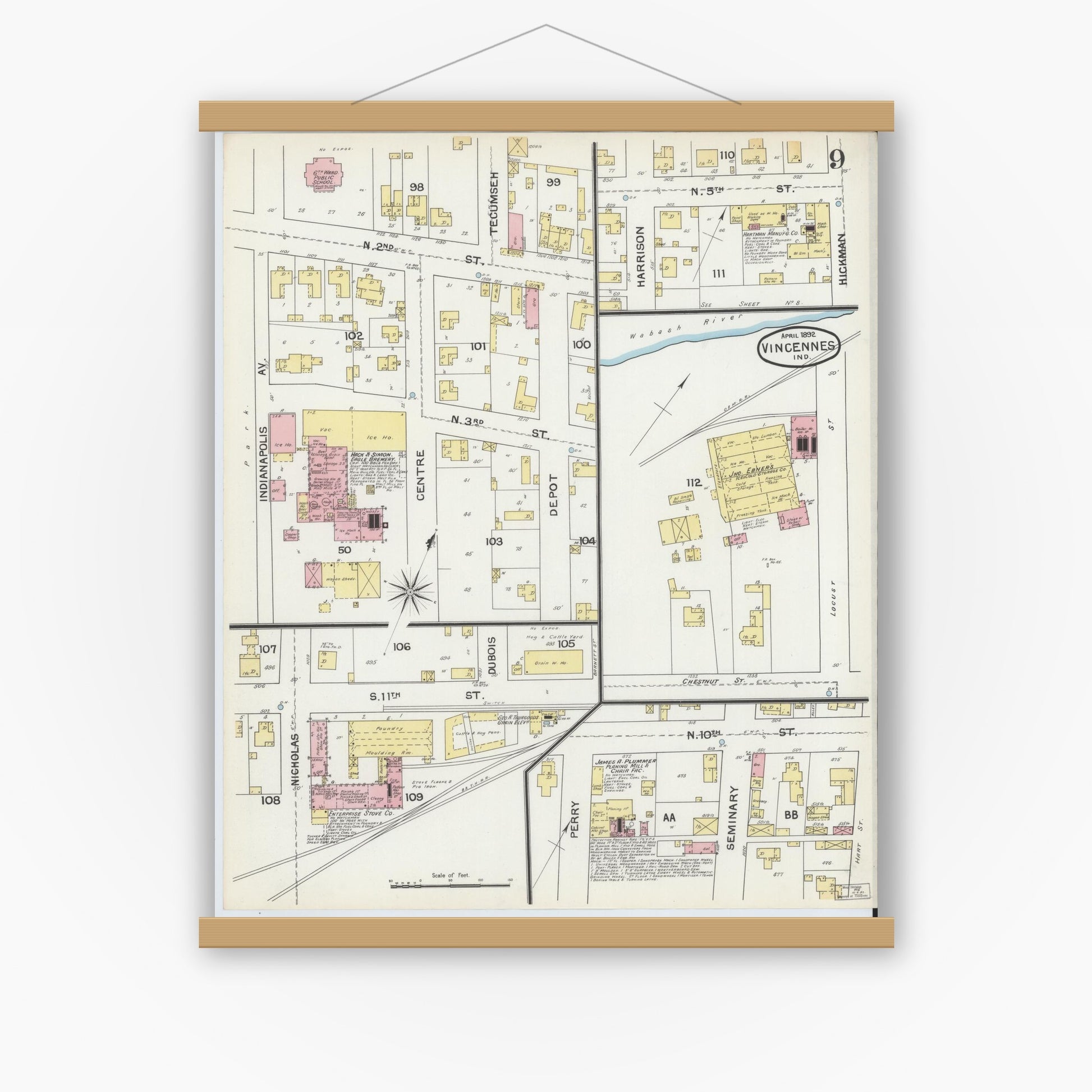 Old map wall art mockup — magnetic wood frame on white wall — Sanborn Fire Insurance Map from Vincennes, Knox County, Indiana (1892), Sheet #0009