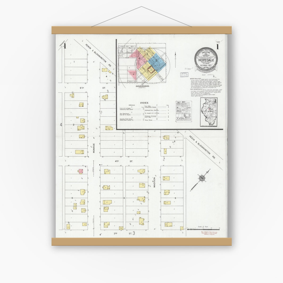Old map wall art mockup — magnetic wood frame on white wall — Sanborn Fire Insurance Map from Hopedale, Tazewell County, Illinois (1927), Sheet #0001