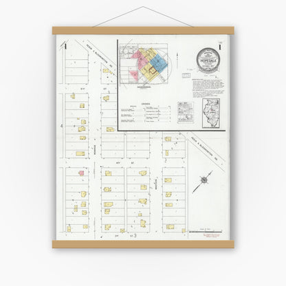 Old map wall art mockup — magnetic wood frame on white wall — Sanborn Fire Insurance Map from Hopedale, Tazewell County, Illinois (1927), Sheet #0001