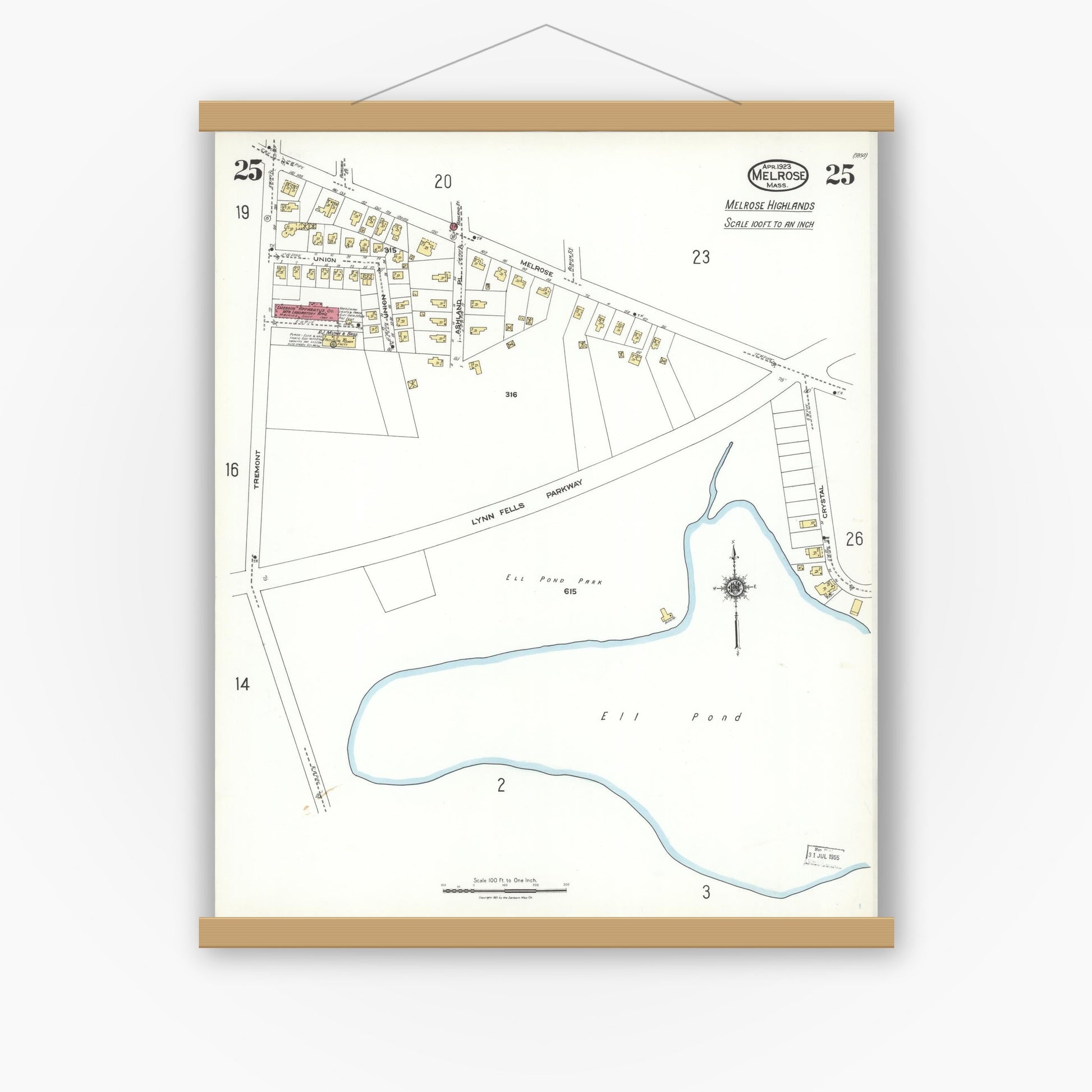 Old map wall art mockup — magnetic wood frame on white wall — Sanborn Fire Insurance Map from Melrose, Middlesex County, Massachusetts (1923), Sheet #0025