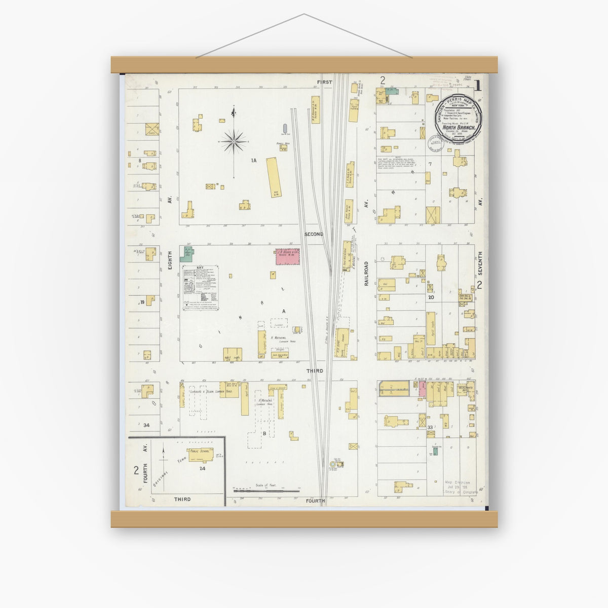 Old map wall art mockup — magnetic wood frame on white wall — Sanborn Fire Insurance Map from North Branch, Chisago County, Minnesota (1899) - Complete Map Set