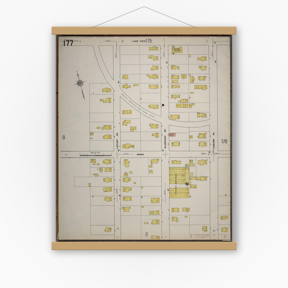 Old map wall art mockup — magnetic wood frame on white wall — Sanborn Fire Insurance Map from Worcester, Worcester County, Massachusetts (1910), Sheet #0177