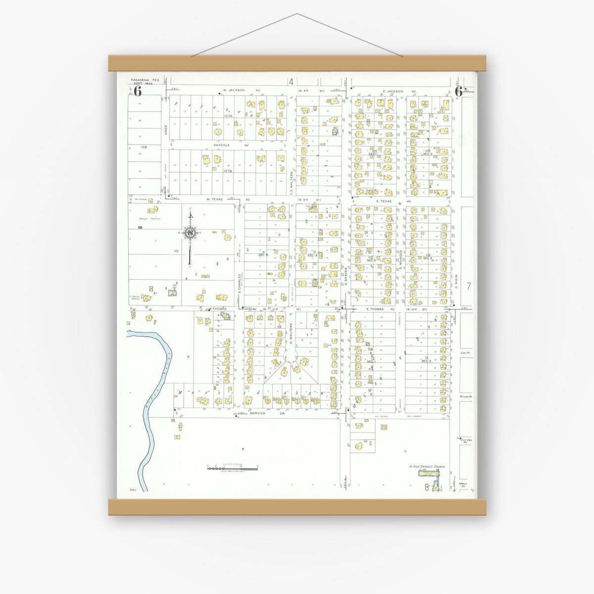 Old map wall art mockup — magnetic wood frame on white wall — Sanborn Fire Insurance Map from Pasadena, Harris County, Texas (1943), Sheet #0006