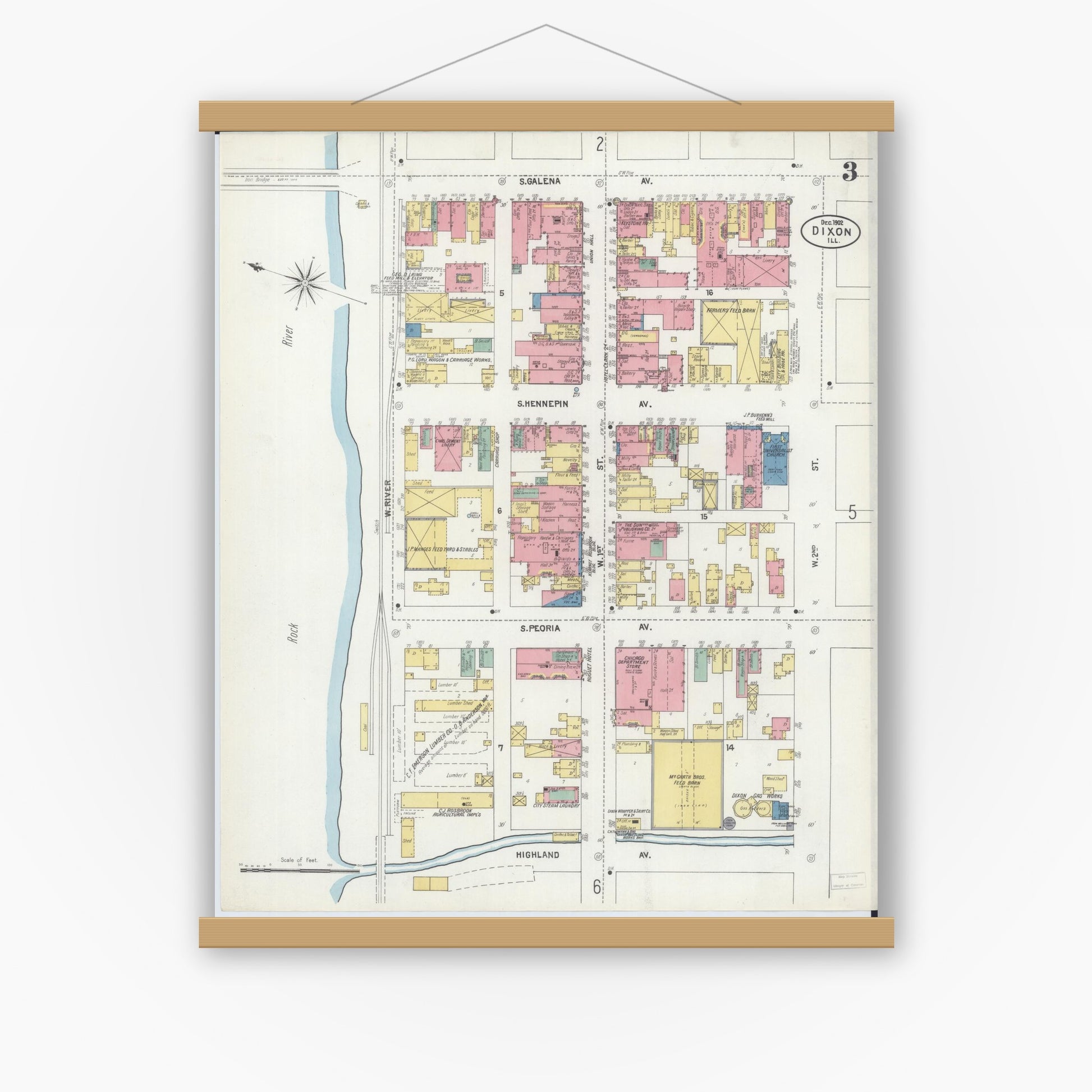 Old map wall art mockup — magnetic wood frame on white wall — Sanborn Fire Insurance Map from Dixon, Lee County, Illinois (1902), Sheet #0003