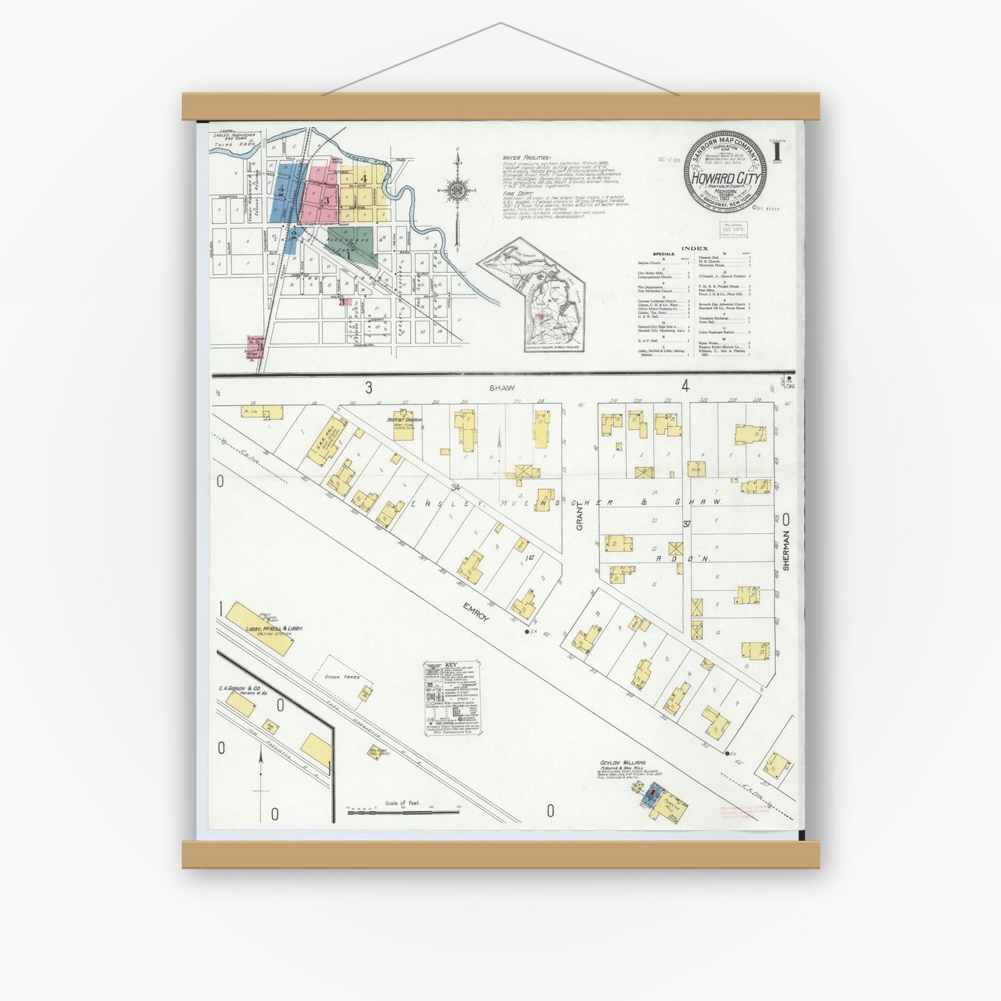 Old map wall art mockup — magnetic wood frame on white wall — Sanborn Fire Insurance Map from Howard City, Montcalm County, Michigan (1921) - Complete Map Set