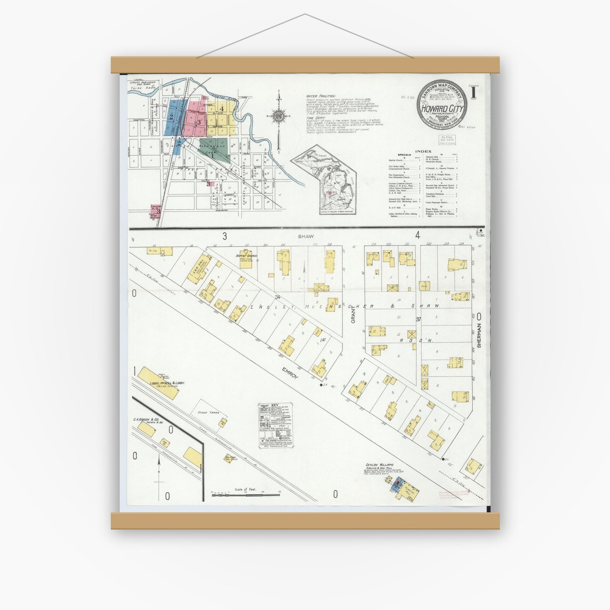 Old map wall art mockup — magnetic wood frame on white wall — Sanborn Fire Insurance Map from Howard City, Montcalm County, Michigan (1921) - Complete Map Set