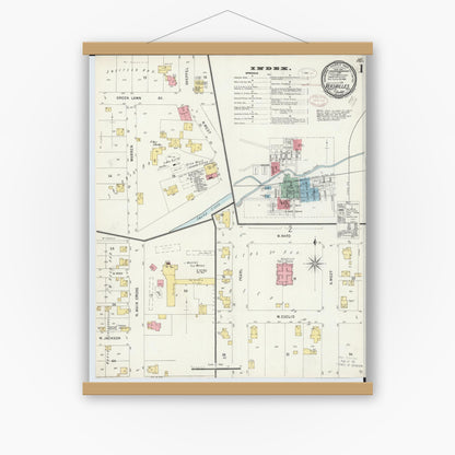 Old map wall art mockup — magnetic wood frame on white wall — Sanborn Fire Insurance Map from Versailles, Darke County, Ohio (1898), Sheet #0001
