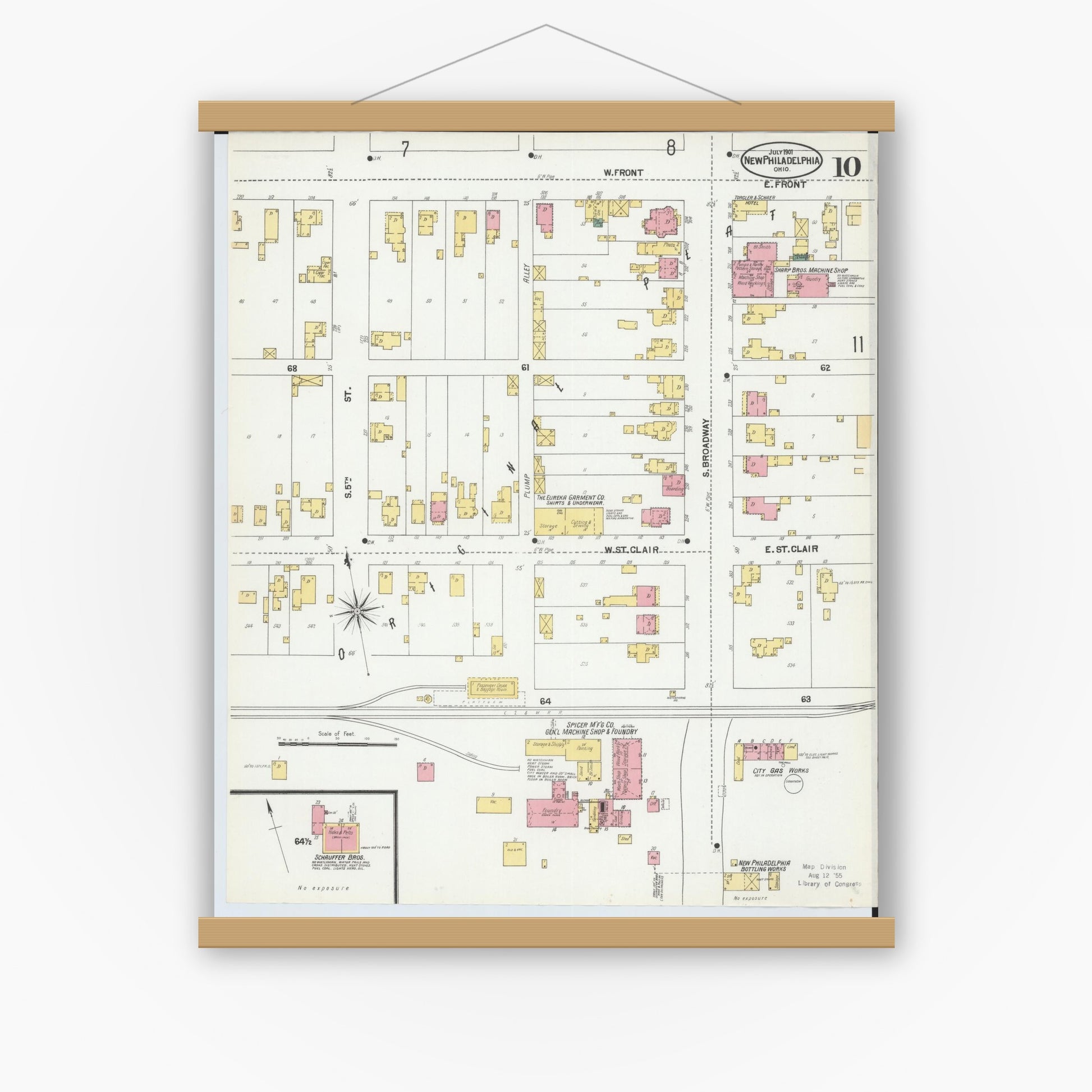 Old map wall art mockup — magnetic wood frame on white wall — Sanborn Fire Insurance Map from New Philadelphia, Tuscarawas County, Ohio (1901), Sheet #0010