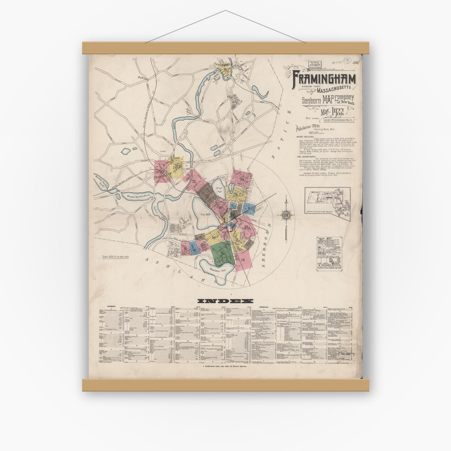 Old map wall art mockup — magnetic wood frame on white wall — Sanborn Fire Insurance Map from Framingham, Middlesex County, Massachusetts (1922), Sheet #0001