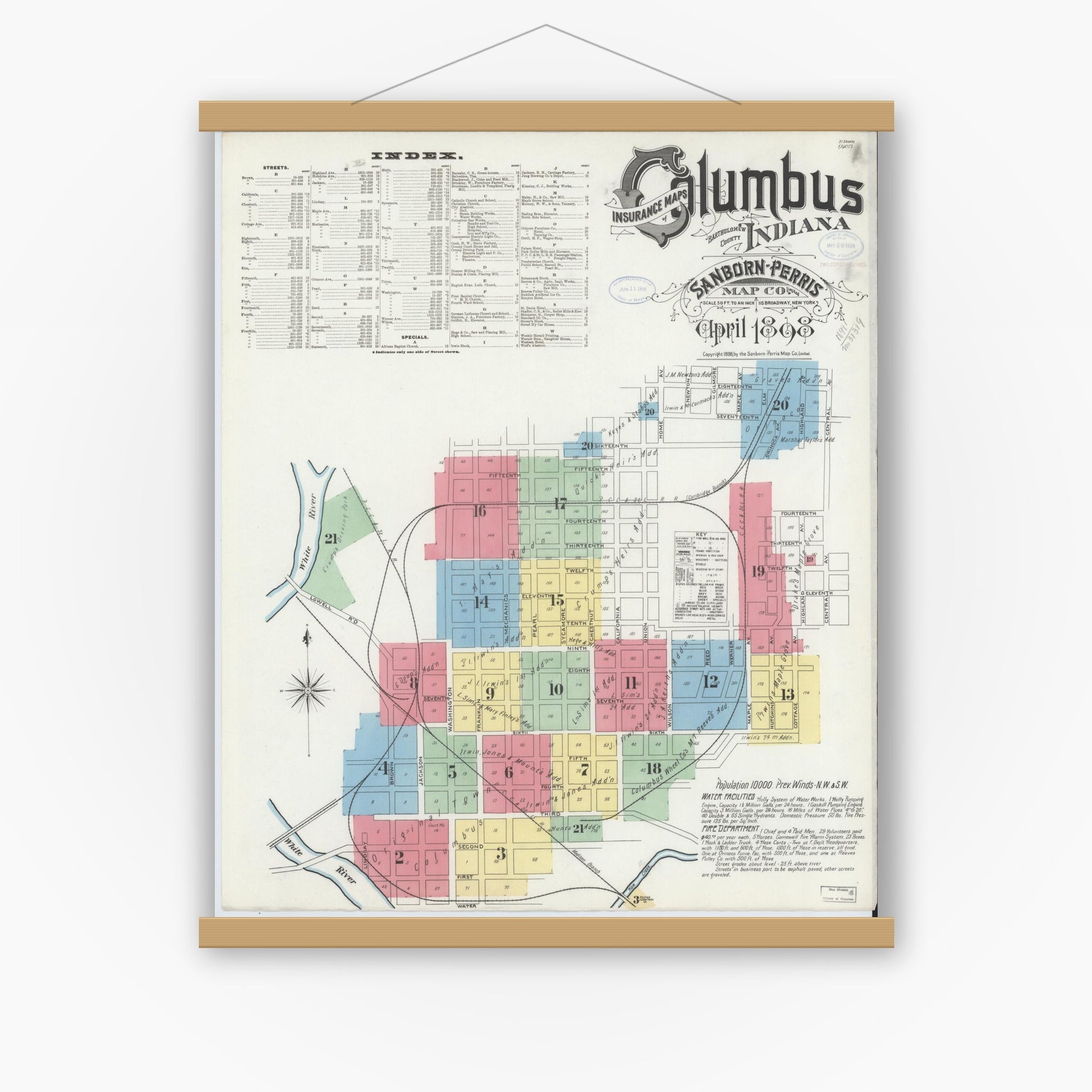 Old map wall art mockup — magnetic wood frame on white wall — Sanborn Fire Insurance Map from Columbus, Bartholomew County, Indiana (1898) - Complete Map Set