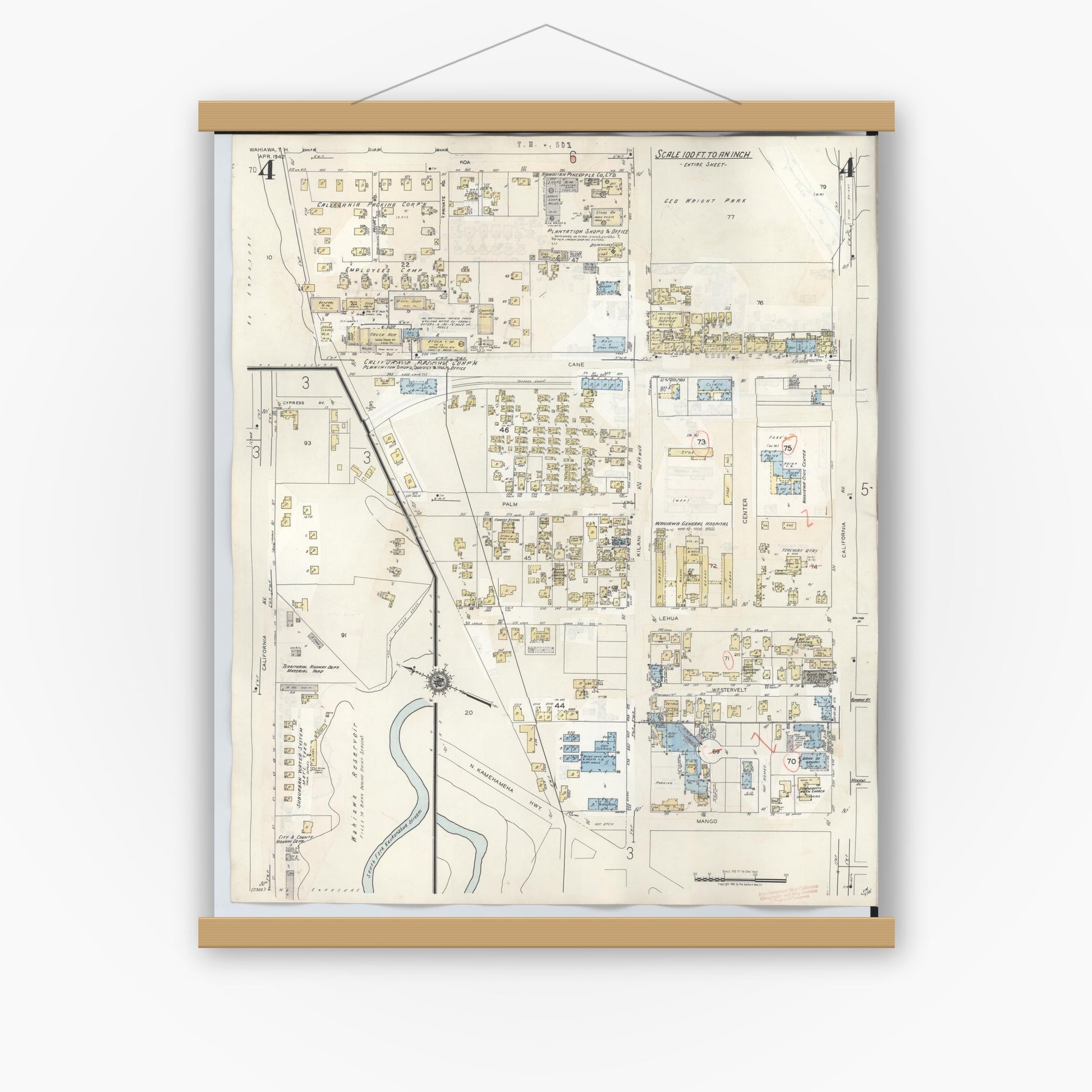 Old map wall art mockup — magnetic wood frame on white wall — Sanborn Fire Insurance Map from Wahiawa, Honolulu County, Hawaii (1957), Sheet #0004