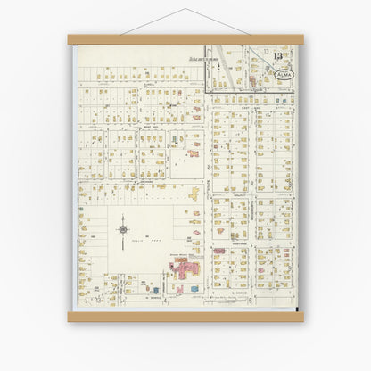 Old map wall art mockup — magnetic wood frame on white wall — Sanborn Fire Insurance Map from Alma, Gratiot County, Michigan (1917), Sheet #0013