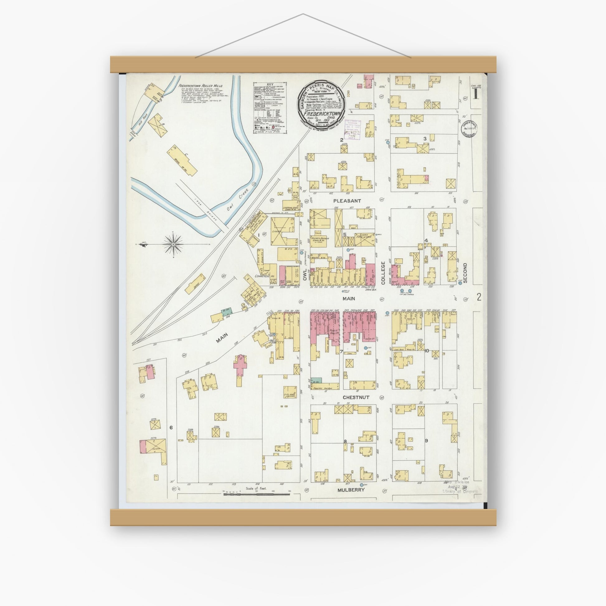 Old map wall art mockup — magnetic wood frame on white wall — Sanborn Fire Insurance Map from Fredericktown, Knox County, Ohio (1901), Sheet #0001