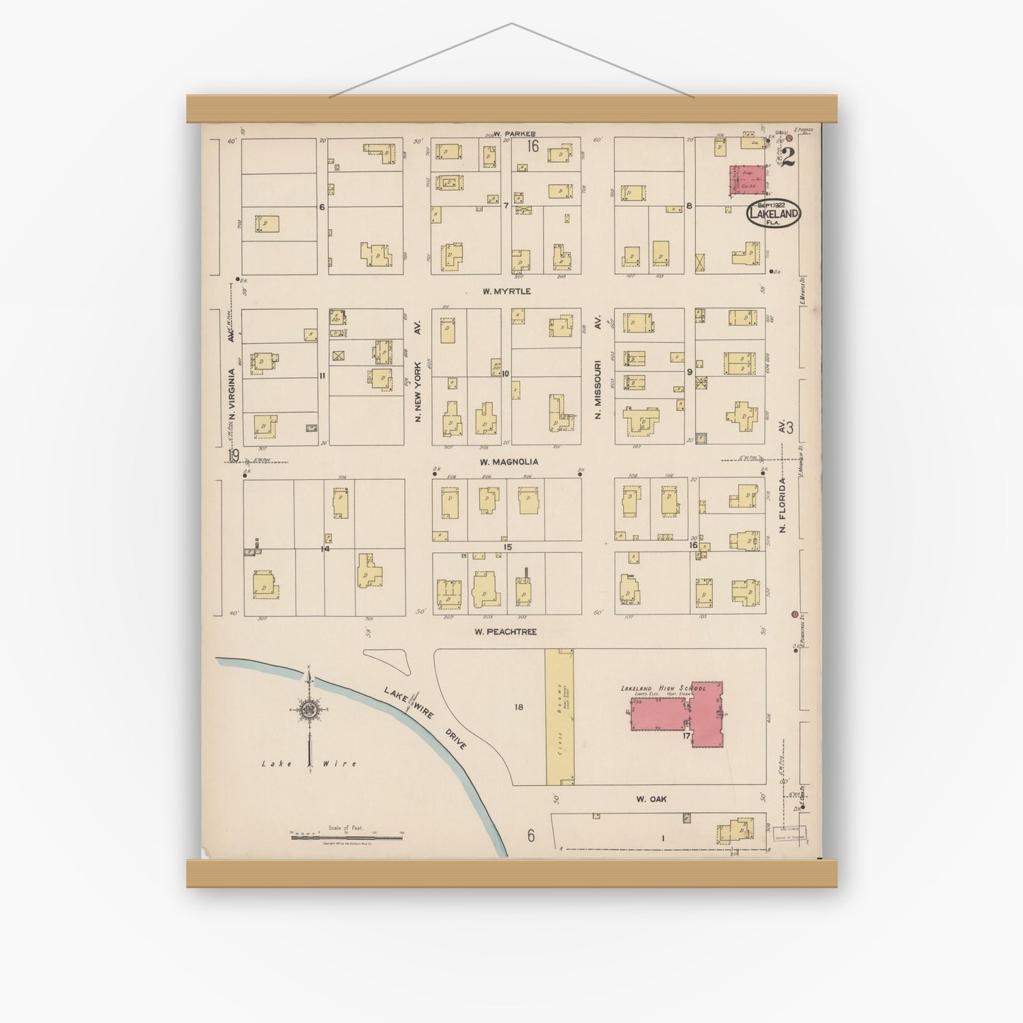 Old map wall art mockup — magnetic wood frame on white wall — Sanborn Fire Insurance Map from Lakeland, Polk County, Florida (1922), Sheet #0002