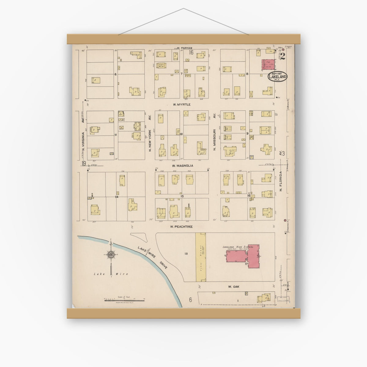 Old map wall art mockup — magnetic wood frame on white wall — Sanborn Fire Insurance Map from Lakeland, Polk County, Florida (1922), Sheet #0002