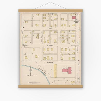 Old map wall art mockup — magnetic wood frame on white wall — Sanborn Fire Insurance Map from Lakeland, Polk County, Florida (1922), Sheet #0002