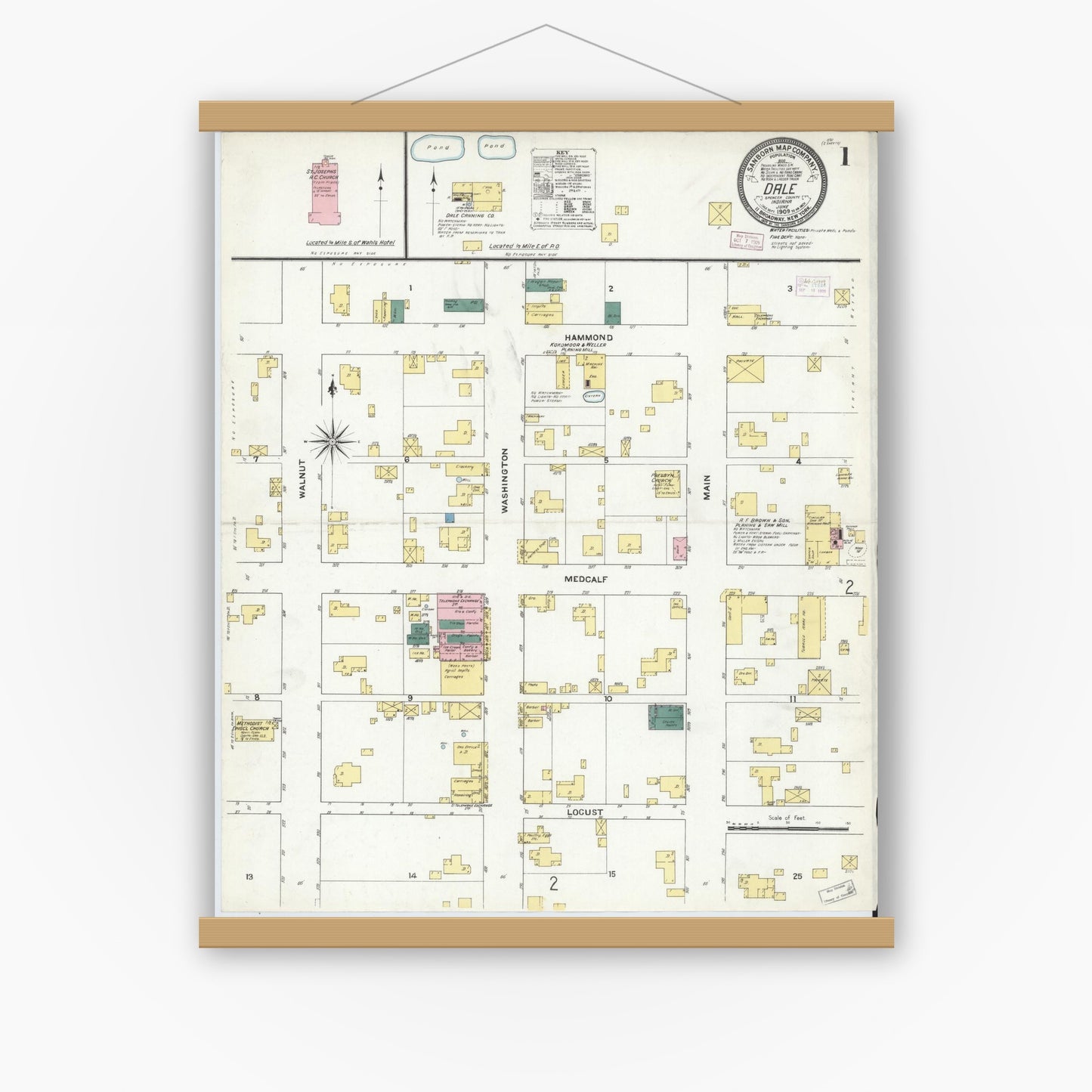 Old map wall art mockup — magnetic wood frame on white wall — Sanborn Fire Insurance Map from Dale, Spencer County, Indiana (1909) - Complete Map Set
