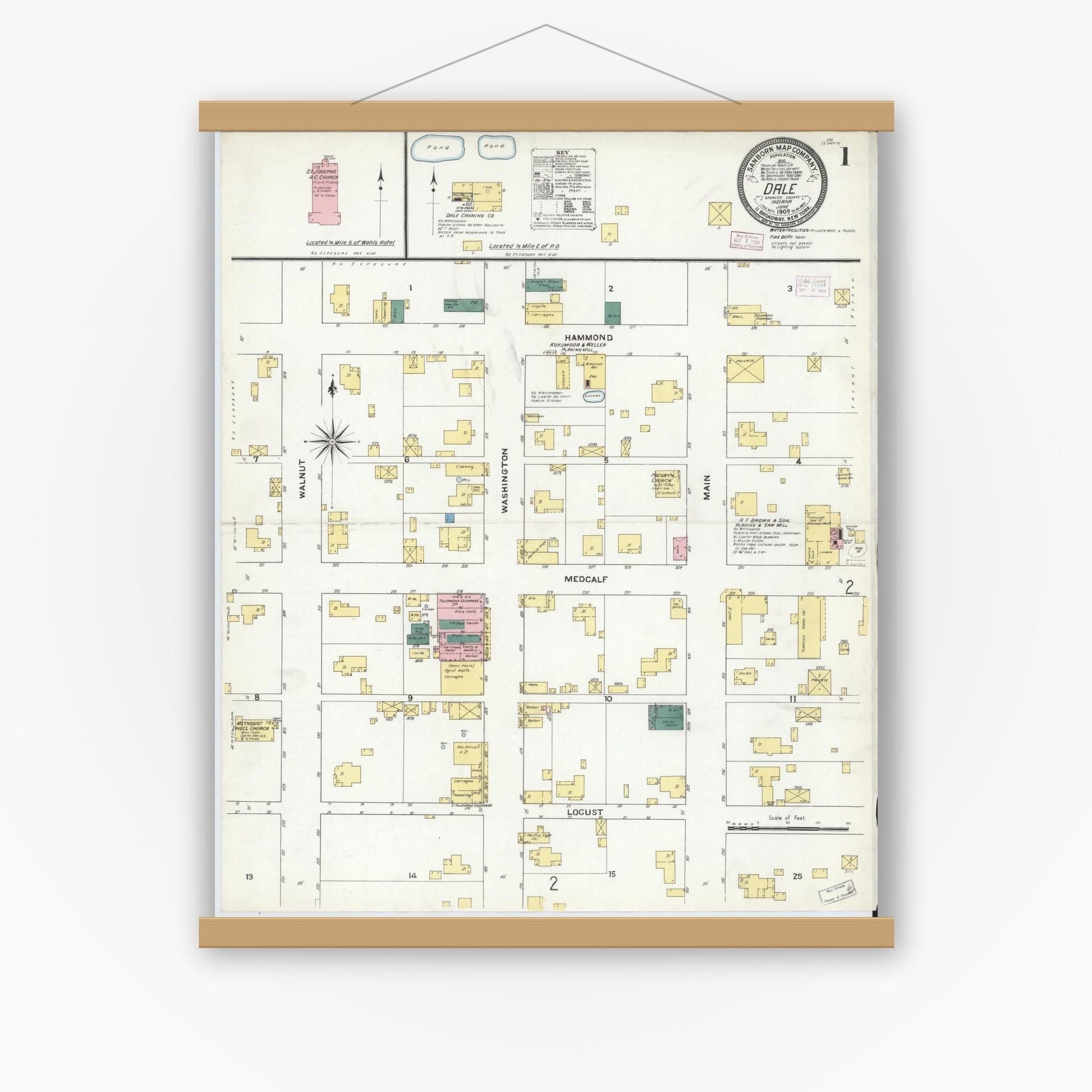 Old map wall art mockup — magnetic wood frame on white wall — Sanborn Fire Insurance Map from Dale, Spencer County, Indiana (1909) - Complete Map Set