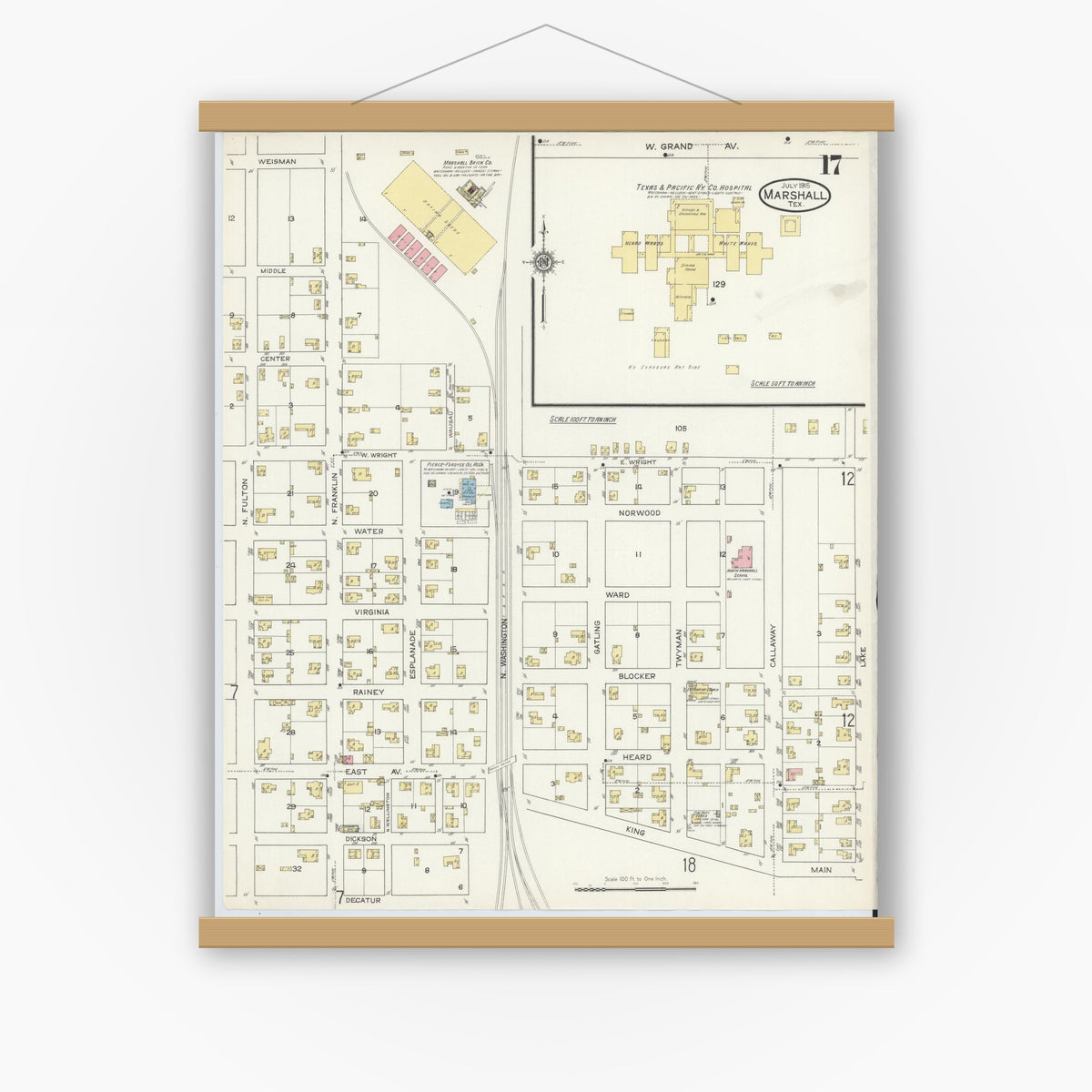 Old map wall art mockup — magnetic wood frame on white wall — Sanborn Fire Insurance Map from Marshall, Harrison County, Texas (1915), Sheet #0017
