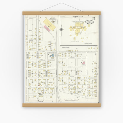 Old map wall art mockup — magnetic wood frame on white wall — Sanborn Fire Insurance Map from Marshall, Harrison County, Texas (1915), Sheet #0017