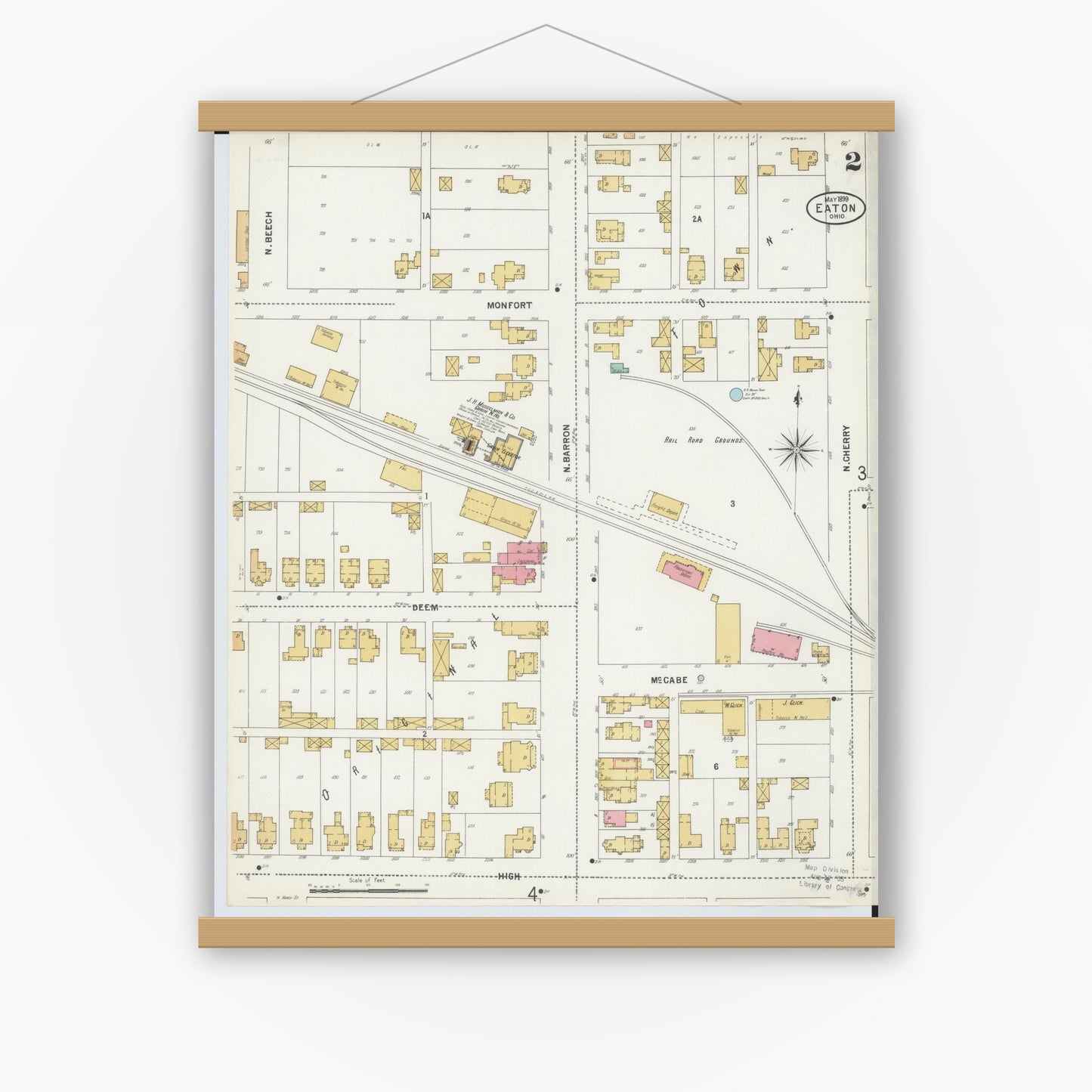 Old map wall art mockup — magnetic wood frame on white wall — Sanborn Fire Insurance Map from Eaton, Preble County, Ohio (1899), Sheet #0002