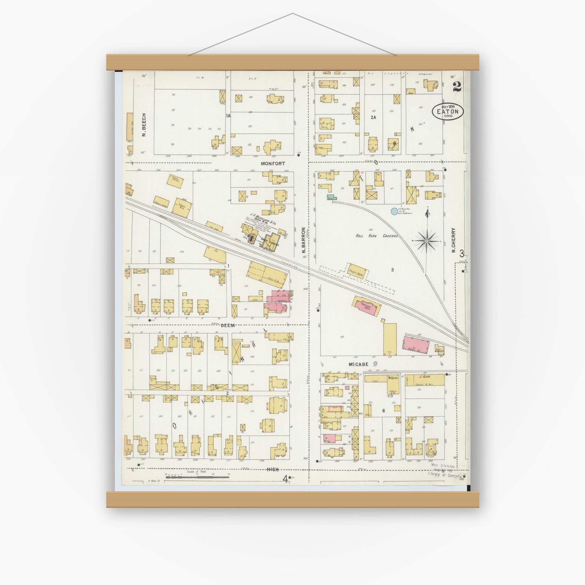 Old map wall art mockup — magnetic wood frame on white wall — Sanborn Fire Insurance Map from Eaton, Preble County, Ohio (1899), Sheet #0002