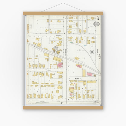 Old map wall art mockup — magnetic wood frame on white wall — Sanborn Fire Insurance Map from Eaton, Preble County, Ohio (1899), Sheet #0002