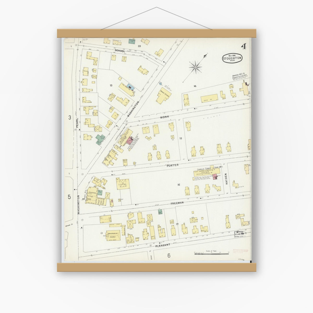 Old map wall art mockup — magnetic wood frame on white wall — Sanborn Fire Insurance Map from Stoughton, Norfolk County, Massachusetts (1896), Sheet #0004
