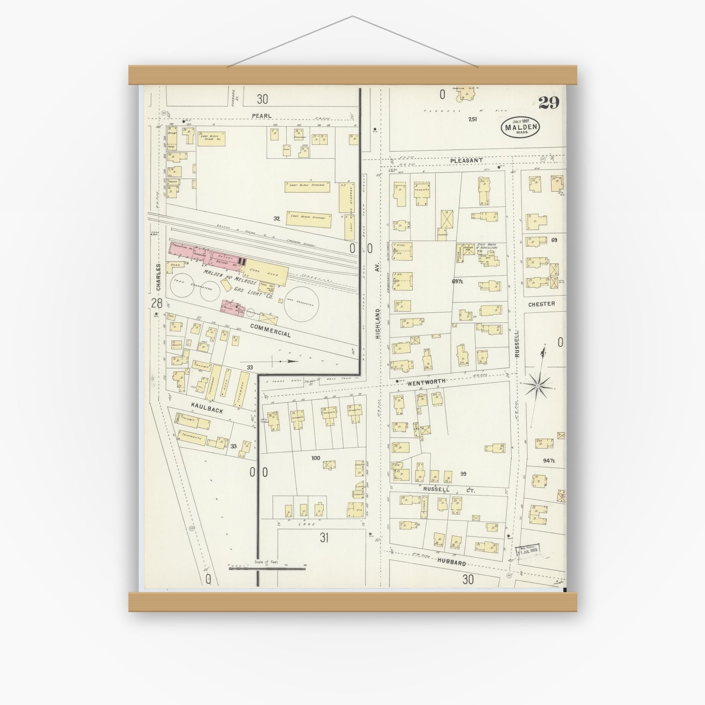 Old map wall art mockup — magnetic wood frame on white wall — Sanborn Fire Insurance Map from Malden, Middlesex County, Massachusetts (1897), Sheet #0029
