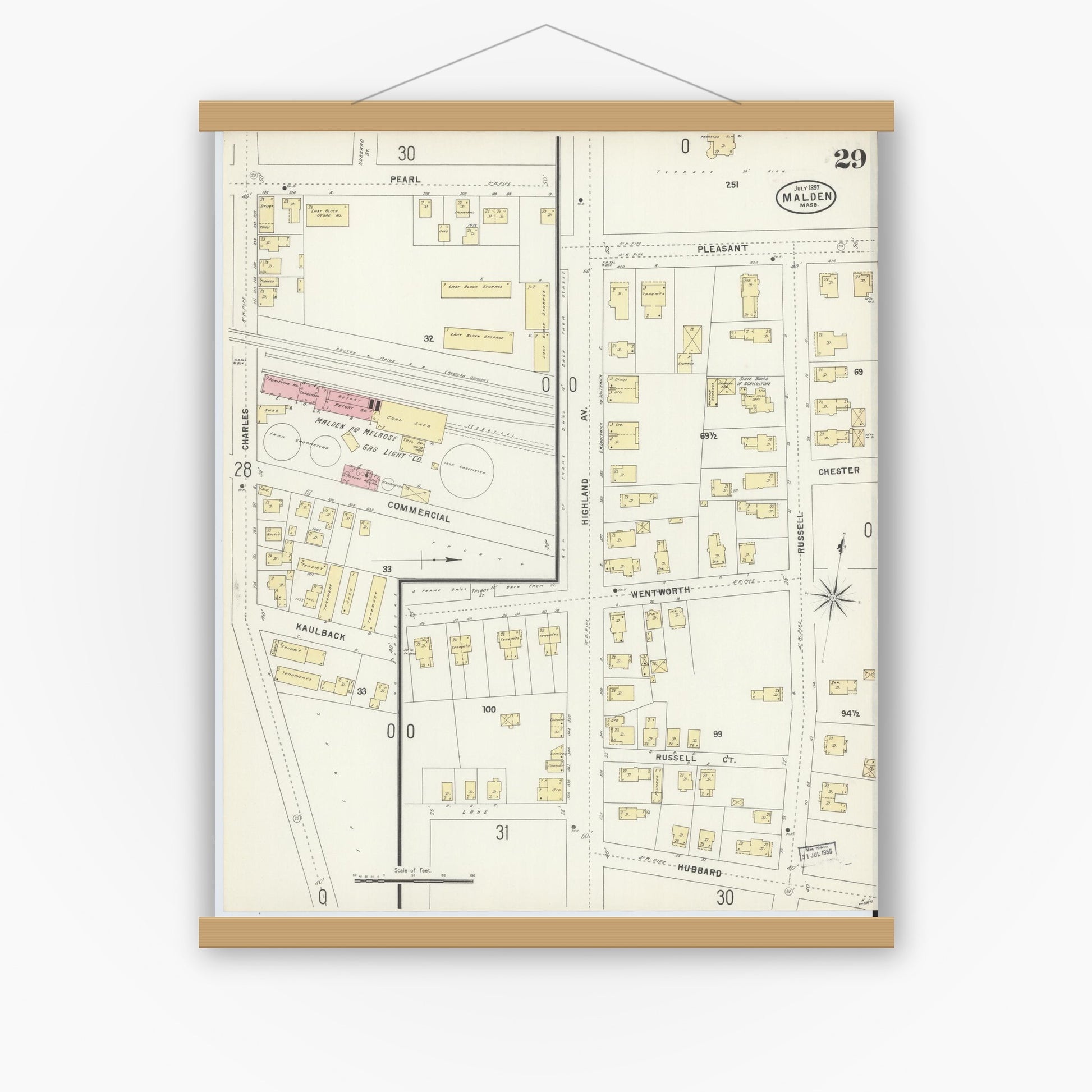 Old map wall art mockup — magnetic wood frame on white wall — Sanborn Fire Insurance Map from Malden, Middlesex County, Massachusetts (1897), Sheet #0029