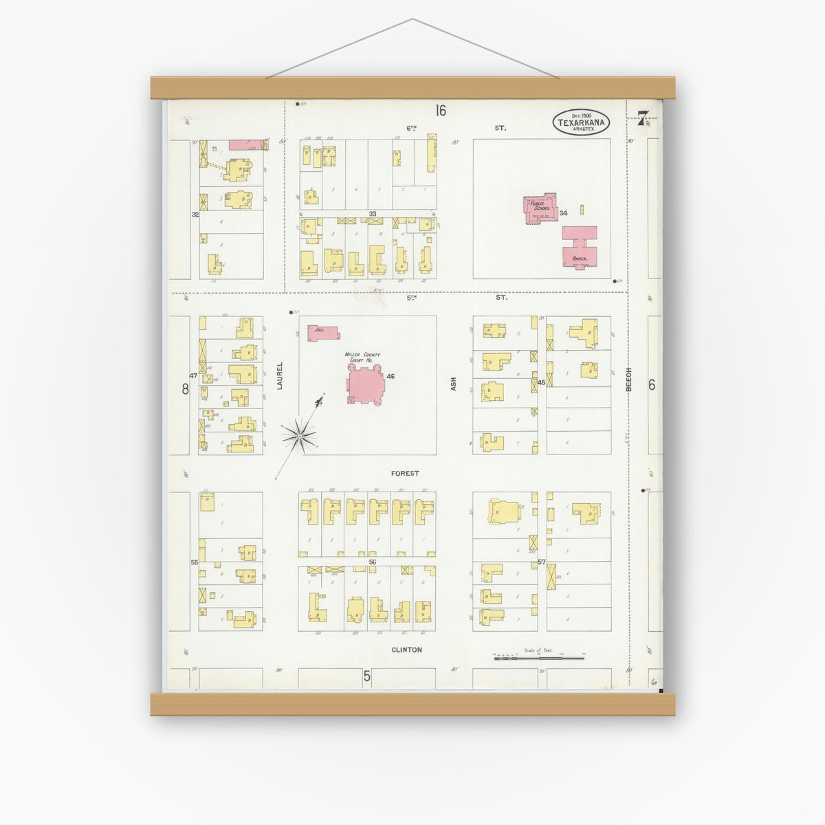 Old map wall art mockup — magnetic wood frame on white wall — Sanborn Fire Insurance Map from Texarkana, Bowie County, Texas (1900), Sheet #0007