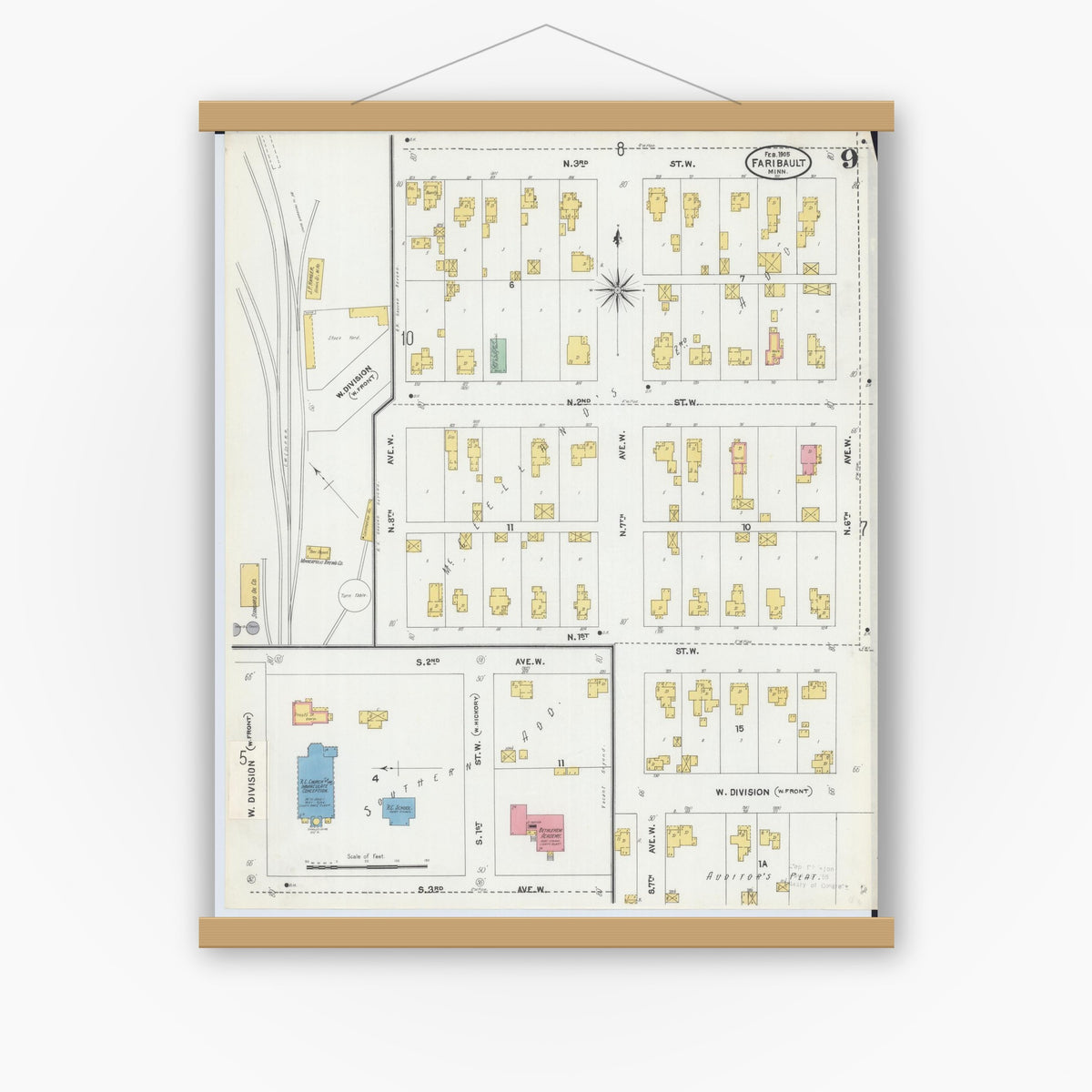 Old map wall art mockup — magnetic wood frame on white wall — Sanborn Fire Insurance Map from Faribault, Rice County, Minnesota (1905), Sheet #0009