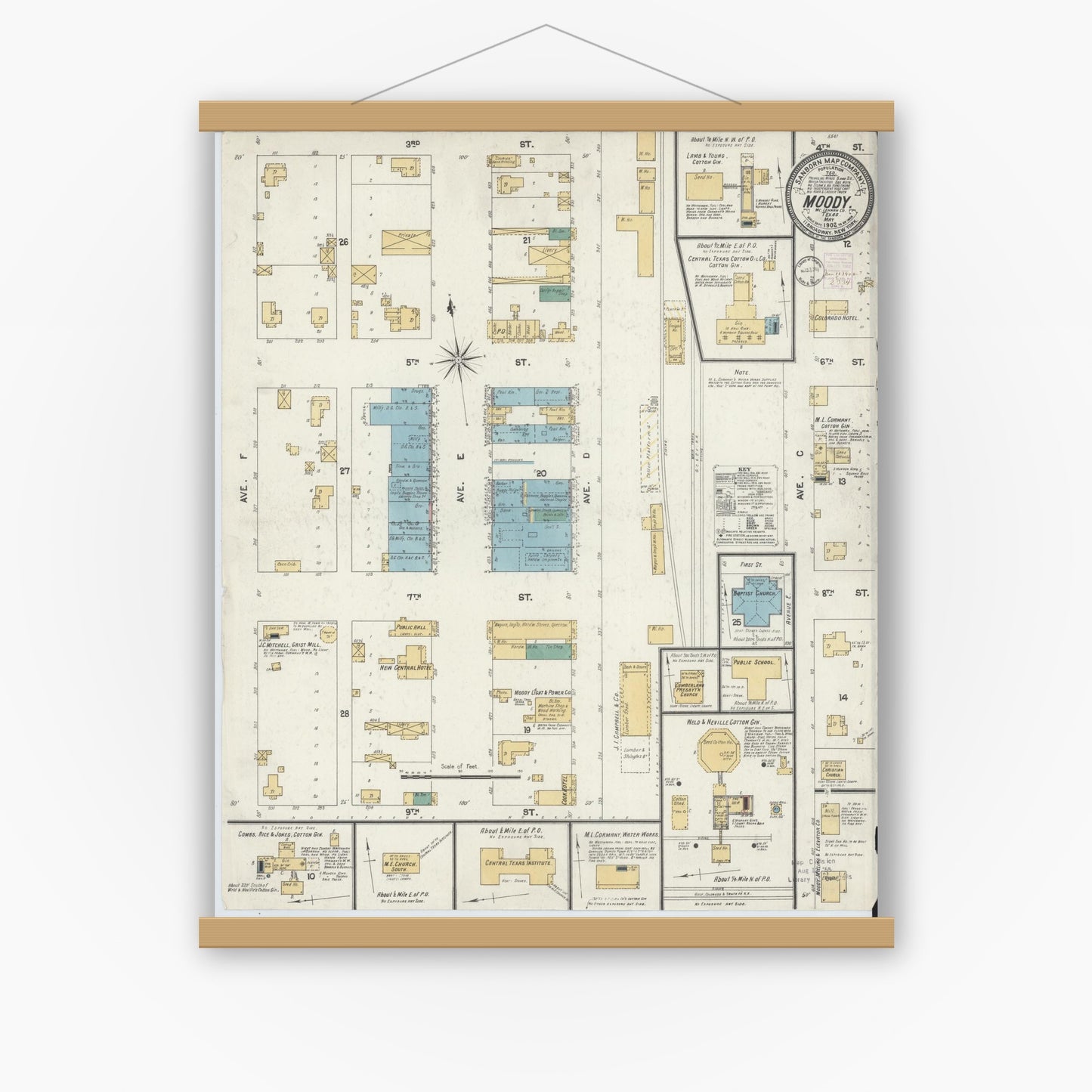 Old map wall art mockup — magnetic wood frame on white wall — Sanborn Fire Insurance Map from Moody, McLennan County, Texas (1902), Sheet #0001
