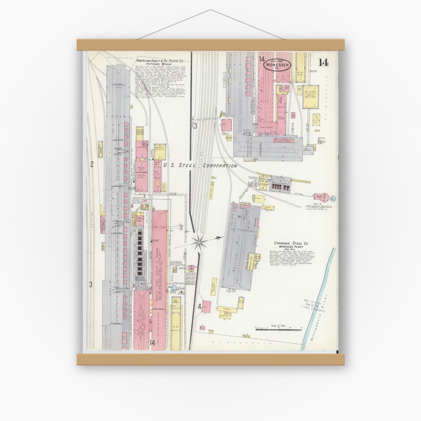 Old map wall art mockup — magnetic wood frame on white wall — Sanborn Fire Insurance Map from Monessen, Westmoreland County, Pennsylvania (1908), Sheet #0014