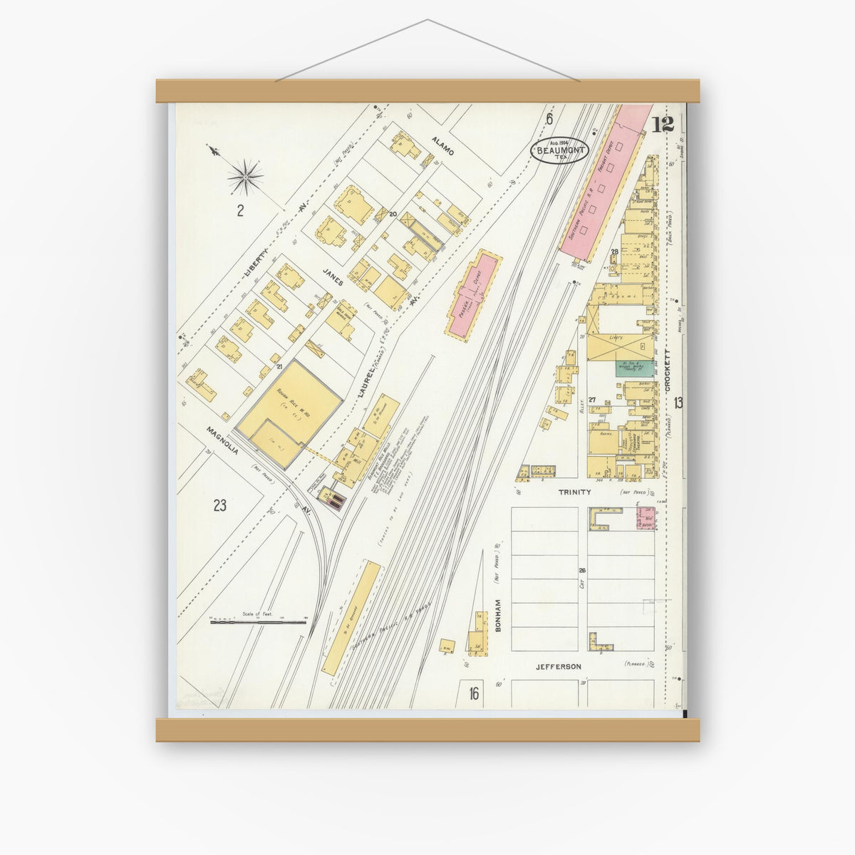 Old map wall art mockup — magnetic wood frame on white wall — Sanborn Fire Insurance Map from Beaumont, Jefferson County, Texas (1904), Sheet #0012