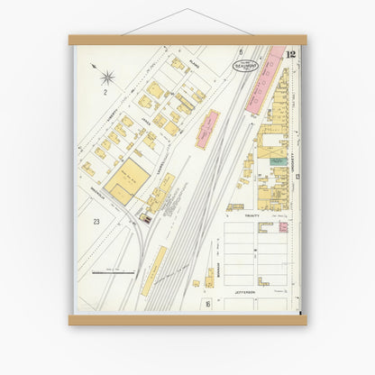 Old map wall art mockup — magnetic wood frame on white wall — Sanborn Fire Insurance Map from Beaumont, Jefferson County, Texas (1904), Sheet #0012