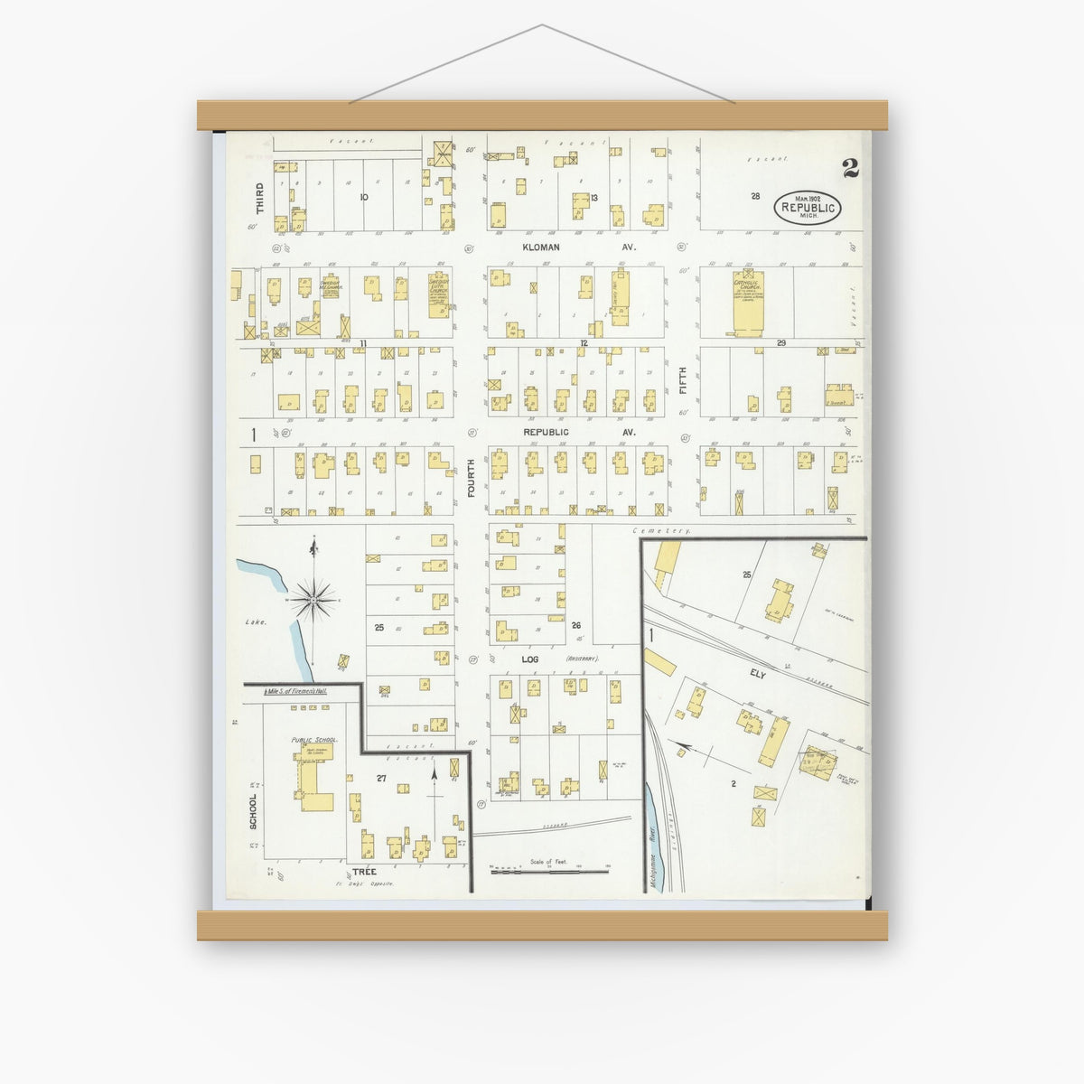 Old map wall art mockup — magnetic wood frame on white wall — Sanborn Fire Insurance Map from Republic, Marquette County, Michigan (1902), Sheet #0002