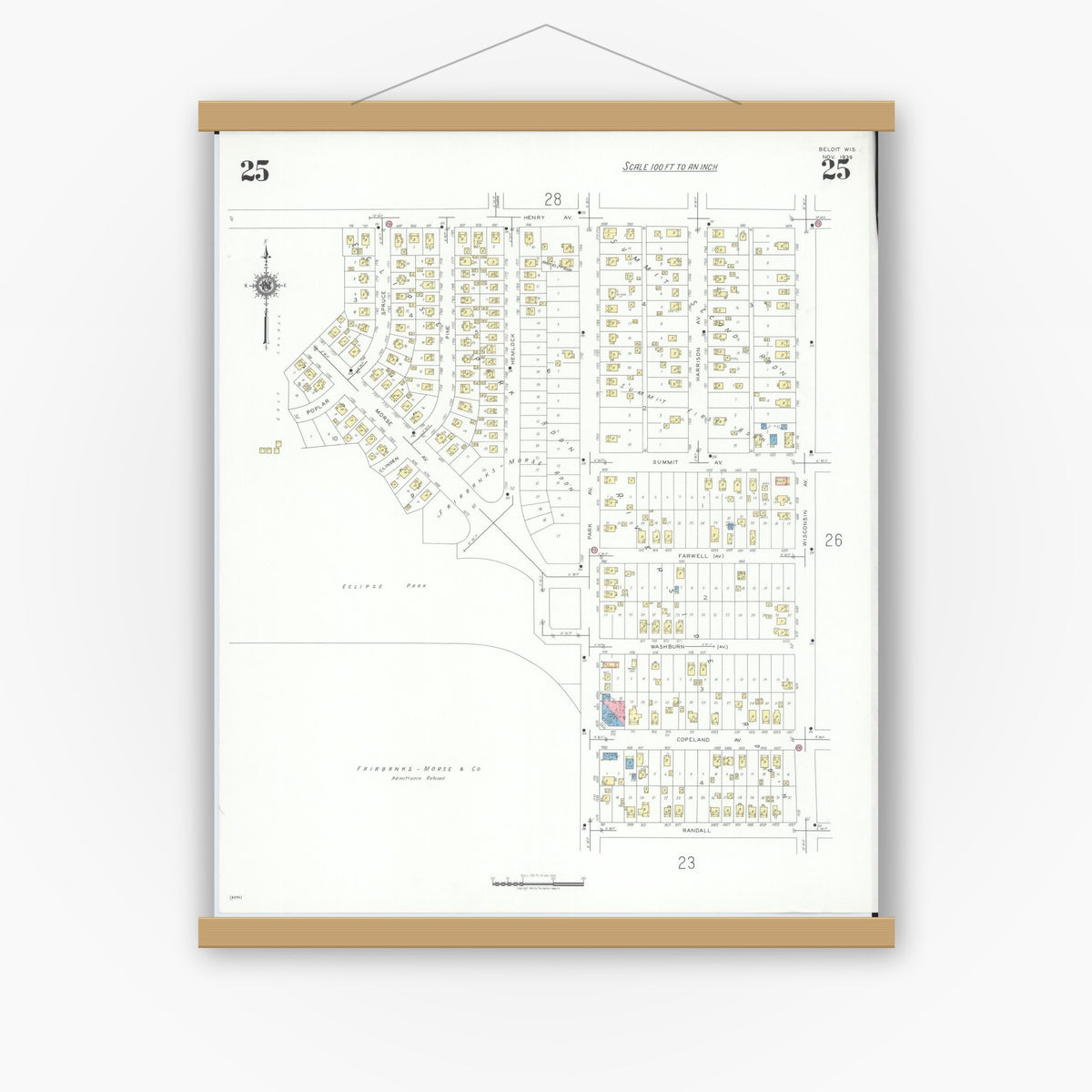 Old map wall art mockup — magnetic wood frame on white wall — Sanborn Fire Insurance Map from Beloit, Rock County, Wisconsin (1939), Sheet #0025