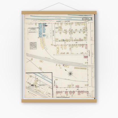 Old map wall art mockup — magnetic wood frame on white wall — Sanborn Fire Insurance Map from Newport, Perry County, Pennsylvania (1884), Sheet #0003
