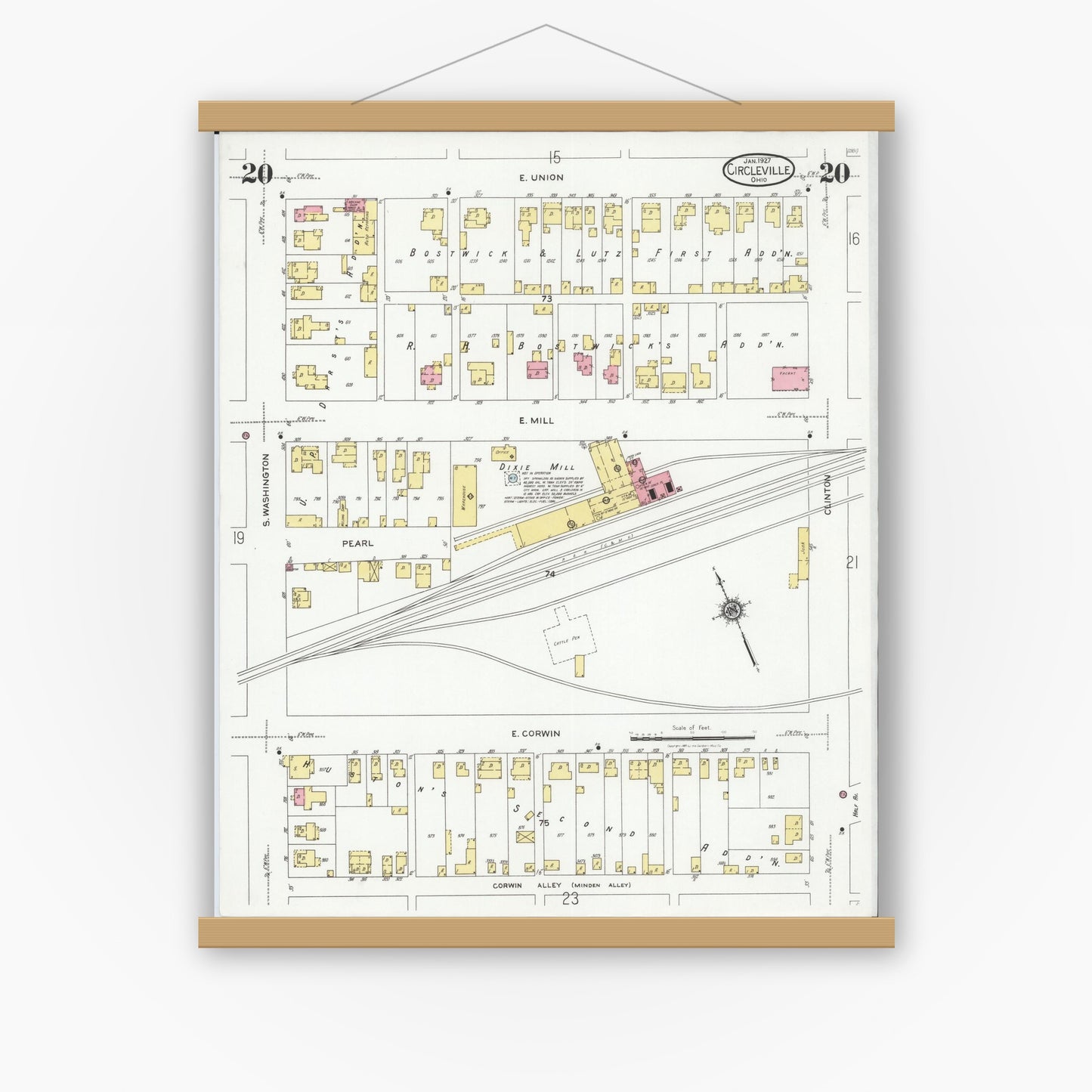 Old map wall art mockup — magnetic wood frame on white wall — Sanborn Fire Insurance Map from Circleville, Pickaway County, Ohio (1927), Sheet #0020