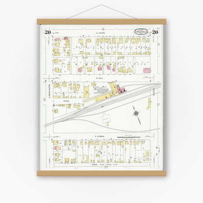Old map wall art mockup — magnetic wood frame on white wall — Sanborn Fire Insurance Map from Circleville, Pickaway County, Ohio (1927), Sheet #0020