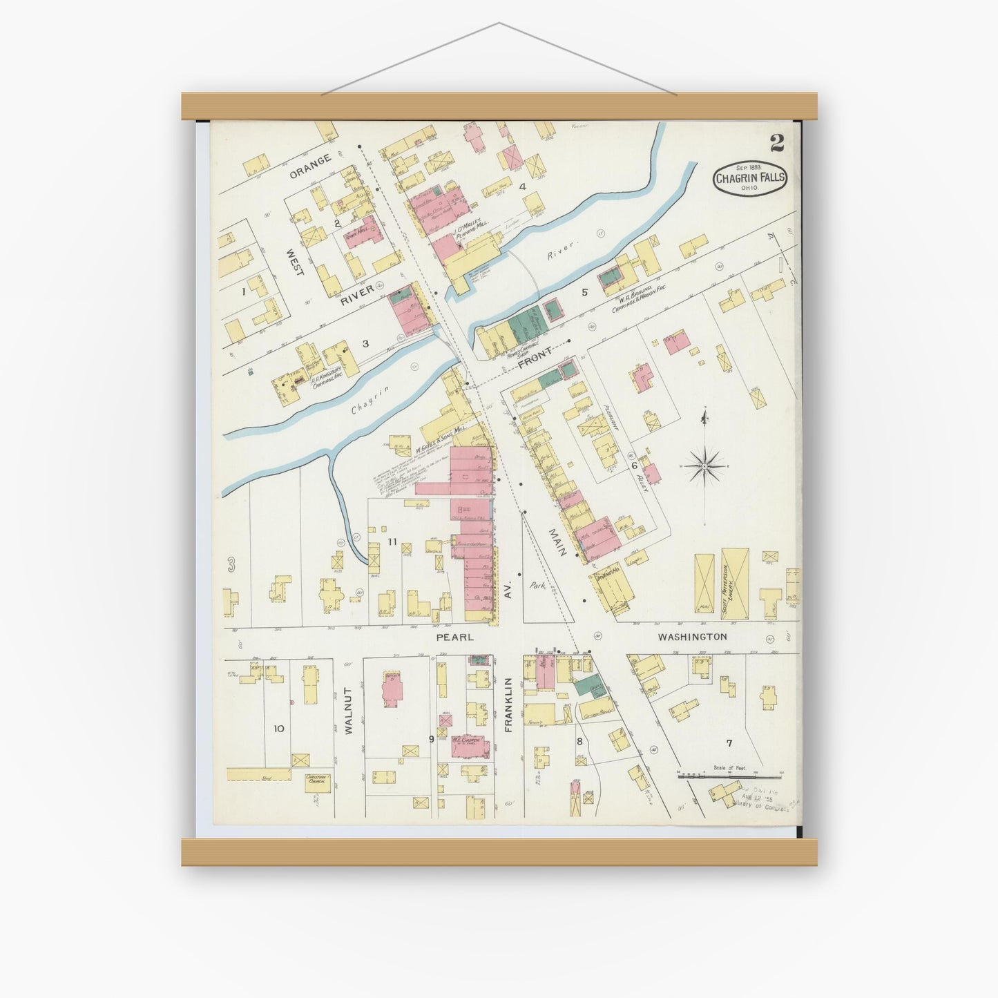 Old map wall art mockup — magnetic wood frame on white wall — Sanborn Fire Insurance Map from Chagrin Falls, Cuyahoga County, Ohio (1893), Sheet #0002