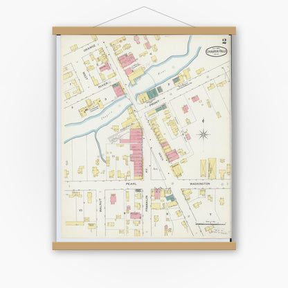 Old map wall art mockup — magnetic wood frame on white wall — Sanborn Fire Insurance Map from Chagrin Falls, Cuyahoga County, Ohio (1893), Sheet #0002