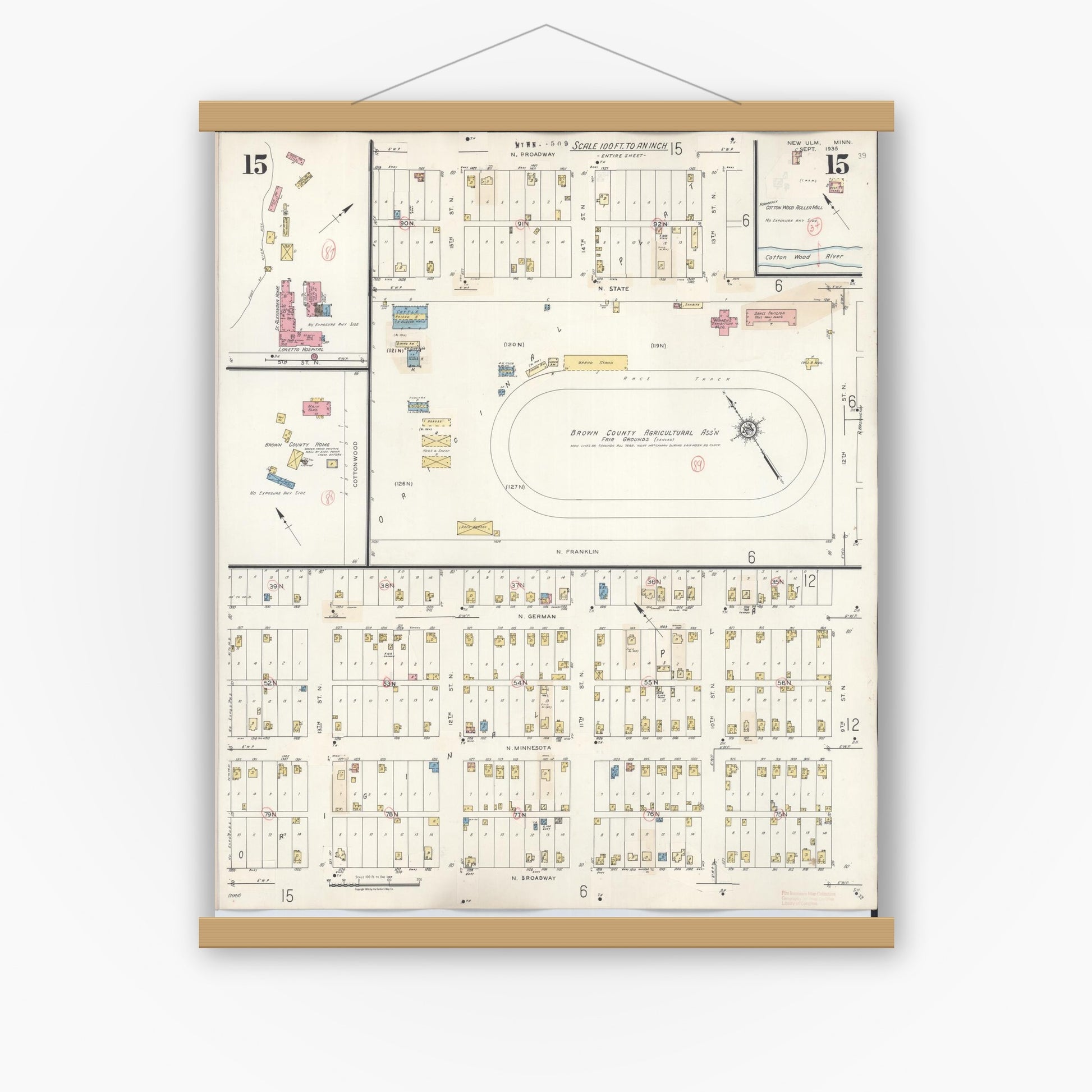 Old map wall art mockup — magnetic wood frame on white wall — Sanborn Fire Insurance Map from New Ulm, Brown County, Minnesota (1946), Sheet #0015